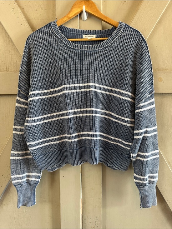 Blu Pepper Sweaters - Blu Pepper Blue & White Striped Cotton Knit Sweater Size Large Coastal Preppy